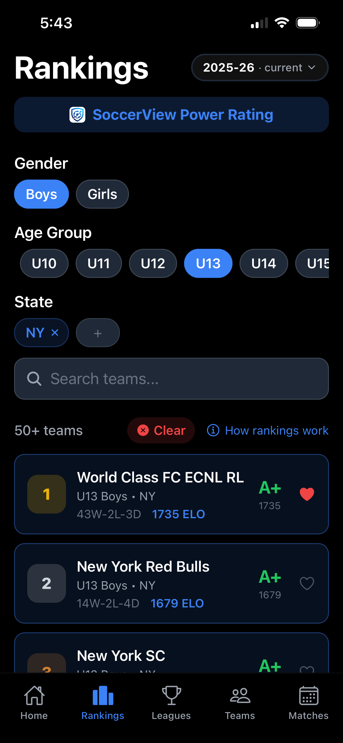Rankings screen showing SoccerView Power Ratings with ELO grades